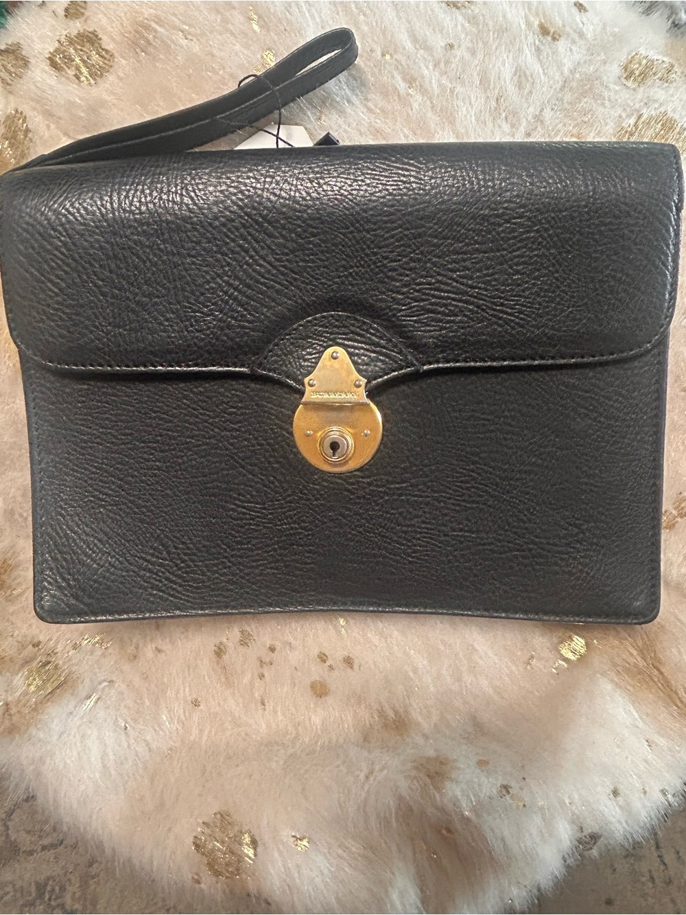 Burberry Black Leather Wristlet Clutch Folio with Gold-Tone Lock